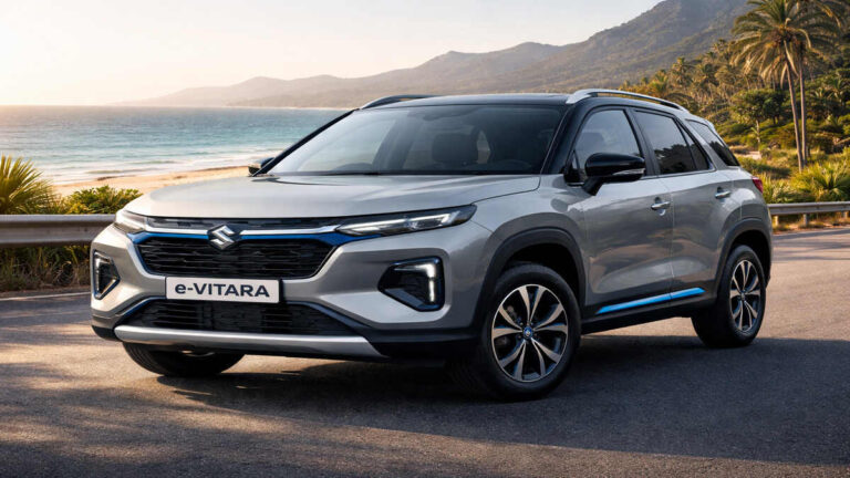 Maruti Suzuki e-Vitara electric SUV parked outdoors in daylight, front-side angle, realistic photo