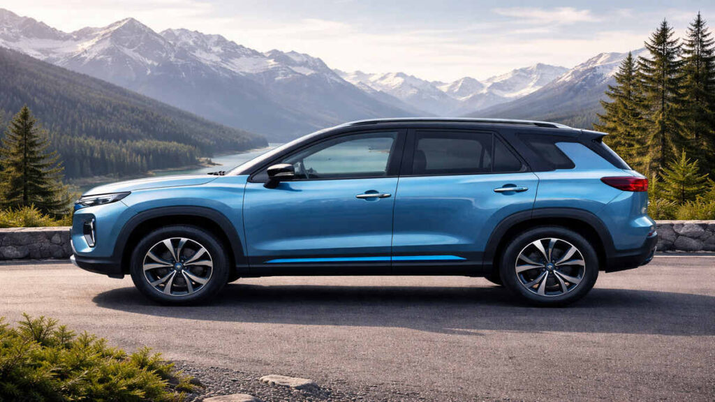 Maruti Suzuki e-Vitara electric SUV side profile in blue colour, parked outdoors in a mountain landscape, realistic 16:9 photo