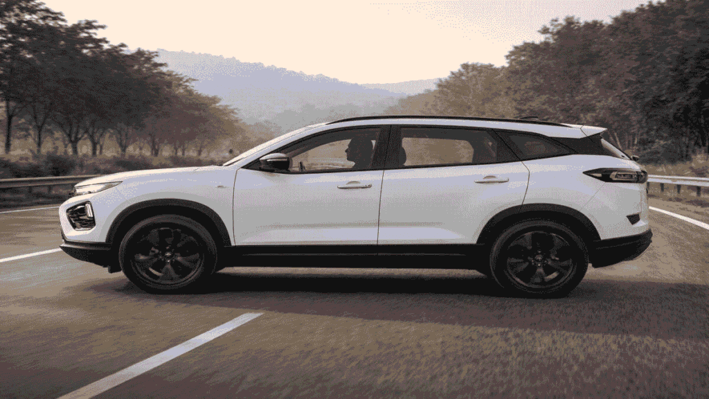 Tata Harrier EV White Side Profile on Indian Road