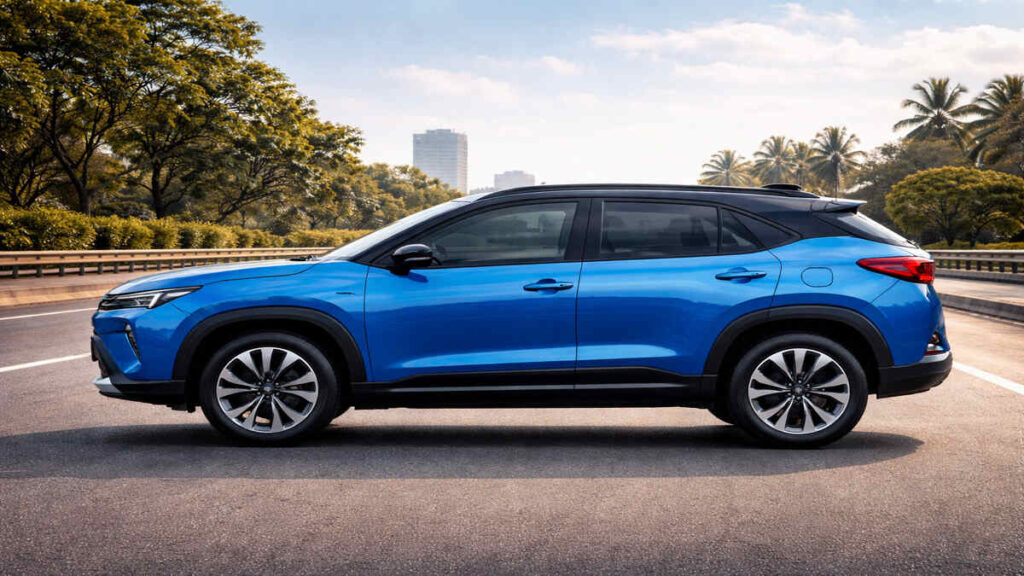 Blue Toyota Urban Cruiser EV side profile on Indian road