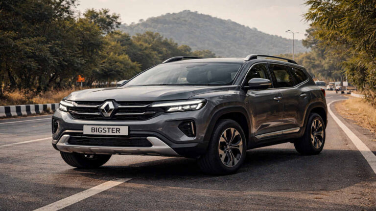 Grey Renault Bigster SUV on Indian road — 12:9 realistic photo
