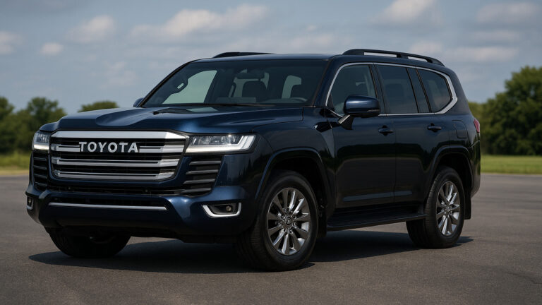 Dark blue Toyota Land Cruiser 300 front angle on open road.