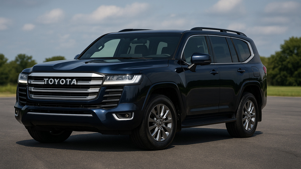 Dark blue Toyota Land Cruiser 300 front angle on open road.