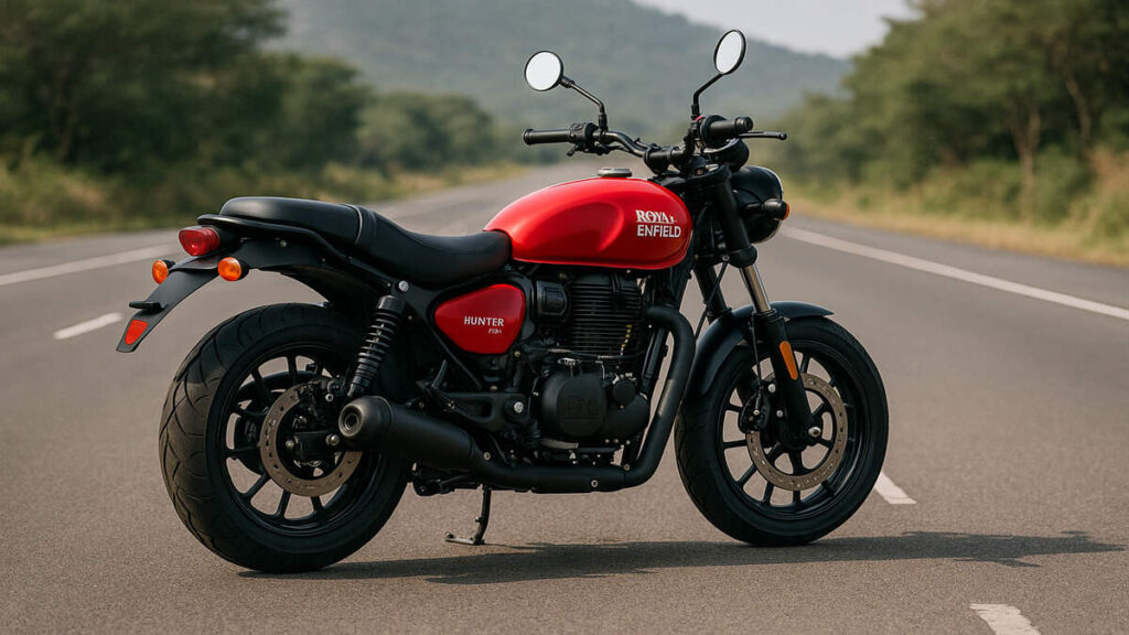 Rebel Red Royal Enfield Hunter 350 full side view