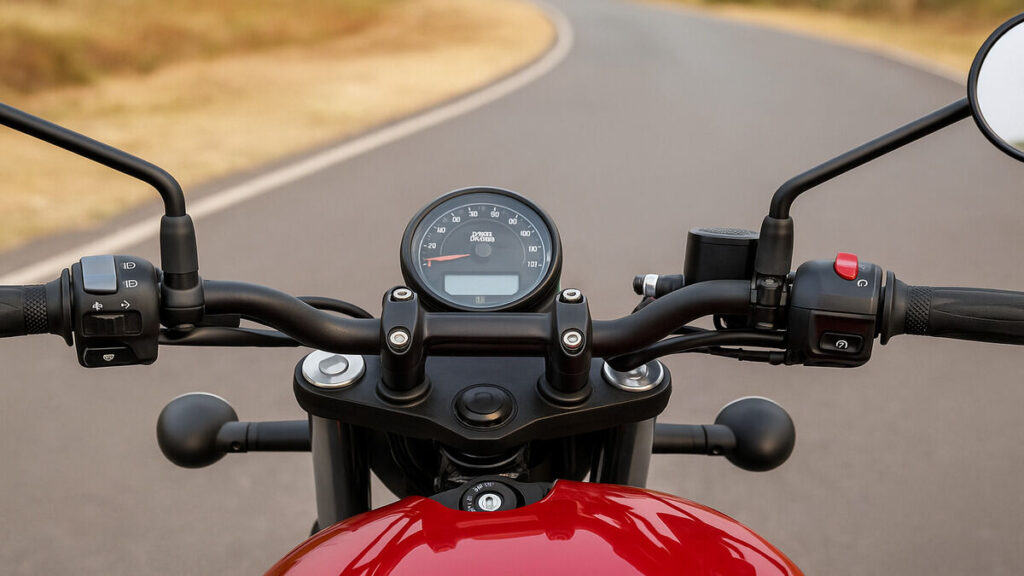 Royal Enfield Hunter 350 handlebar and switchgear close-up showing instrument cluster and controls with a road in the background.