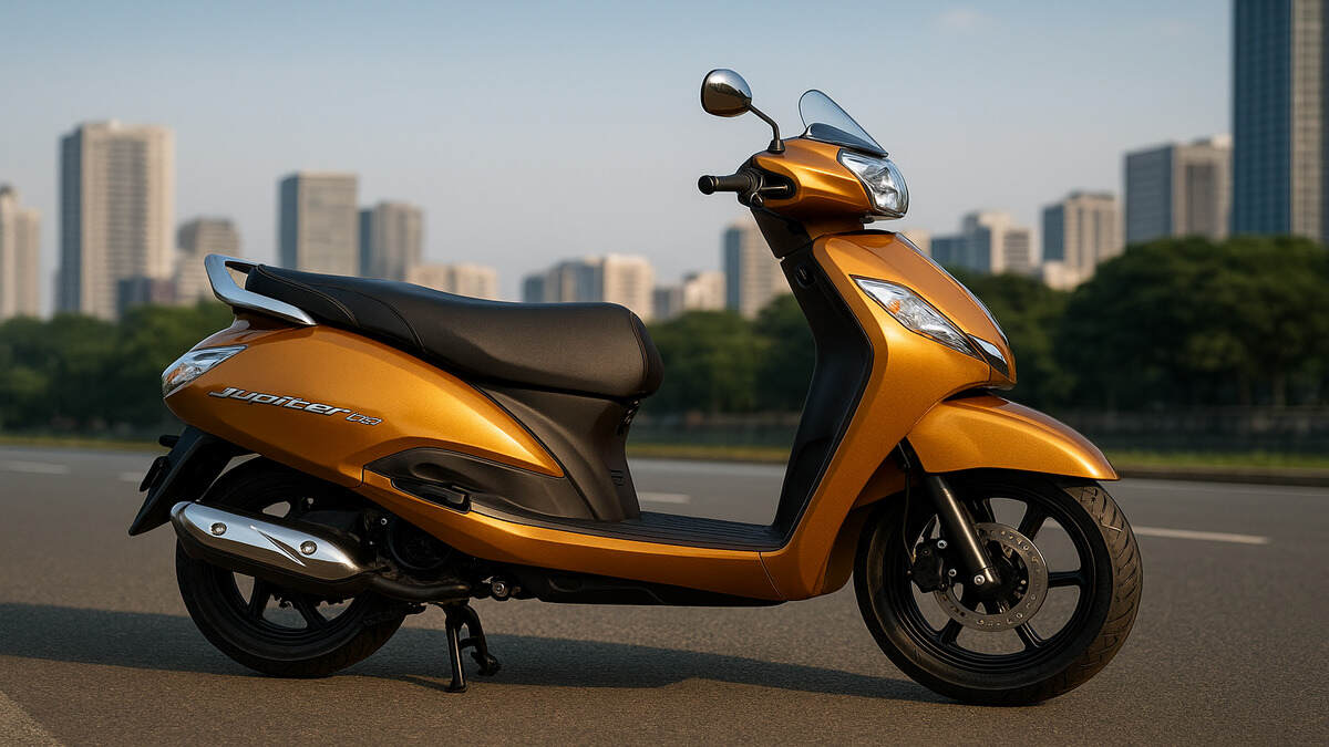 TVS Jupiter 125 side profile in Copper Bronze colour on city road