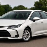 White Toyota Corolla front view on open road