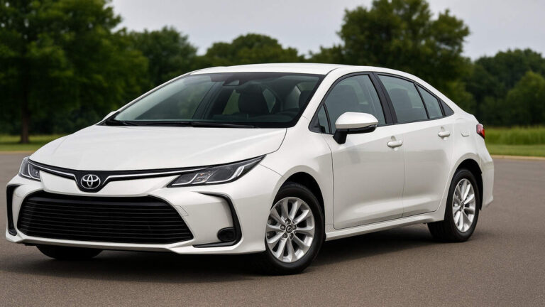 White Toyota Corolla front view on open road