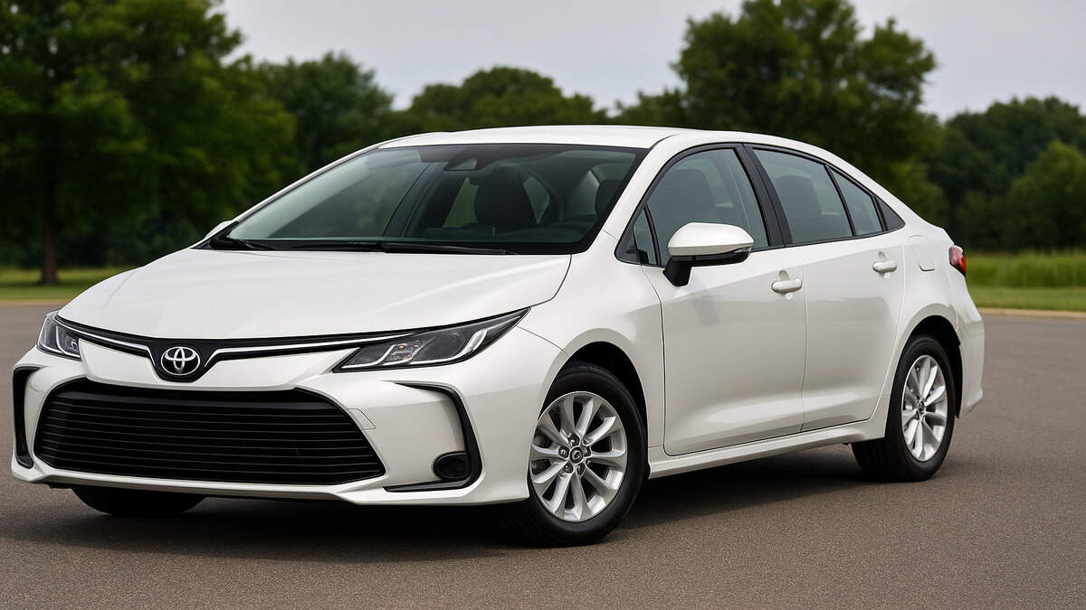 White Toyota Corolla front view on open road