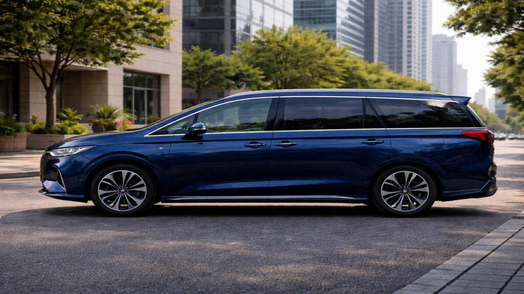 BYD M9 Deep Blue side profile parked on a clean Indian city road in natural daylight.