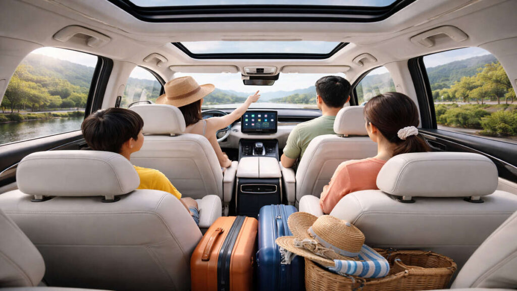 Family road trip inside BYD M9 with white interior, luggage in boot and panoramic sunroof, scenic highway background.