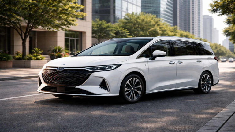 BYD M9 in premium white color parked on a clean Indian city road, front three-quarter view in natural daylight.