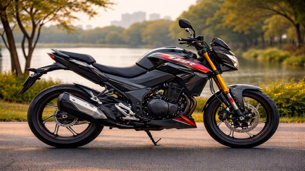 Hero Xtreme 160R 4V side profile in Stealth Black near lakeside