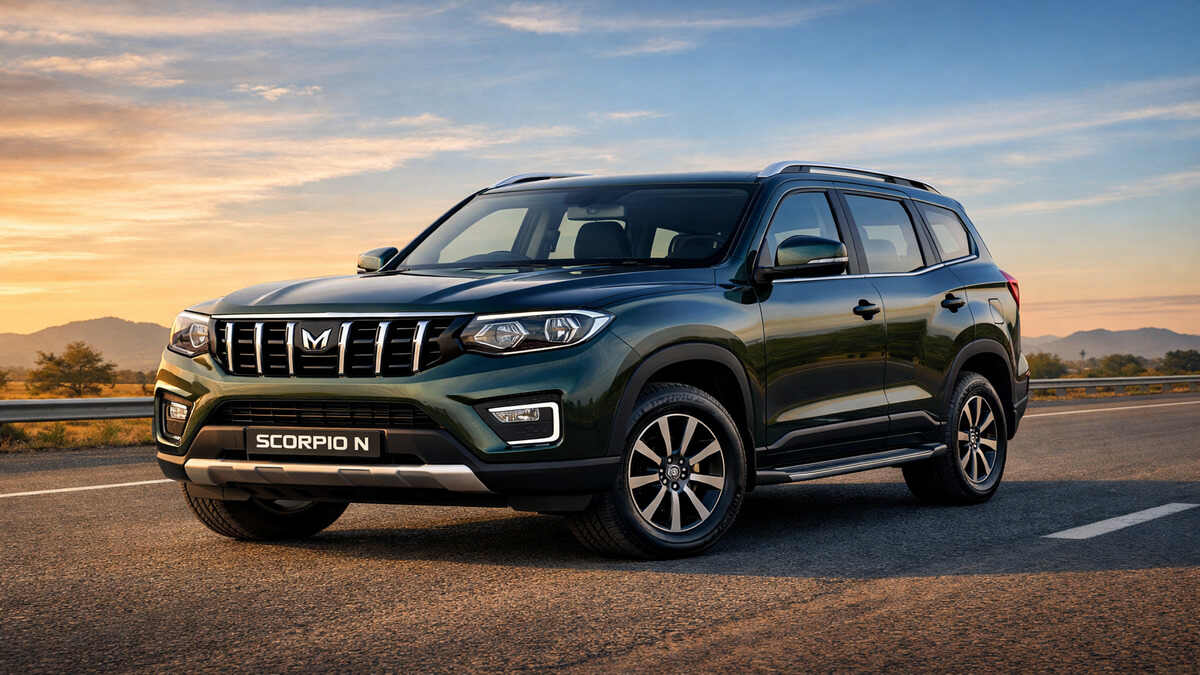 Mahindra Scorpio N Deep Forest colour front view on Indian highway
