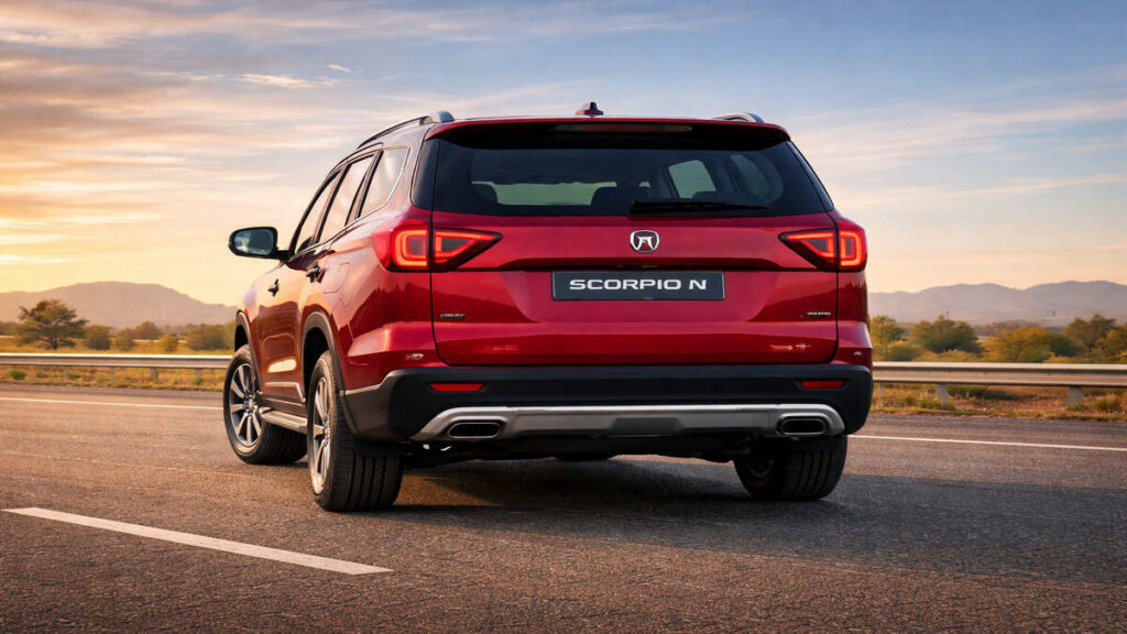 Mahindra Scorpio N red colour rear view