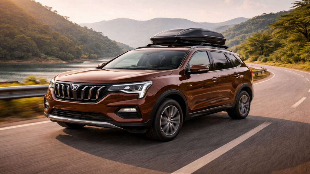 Brown Mahindra XUV 7XO touring on a mountain highway