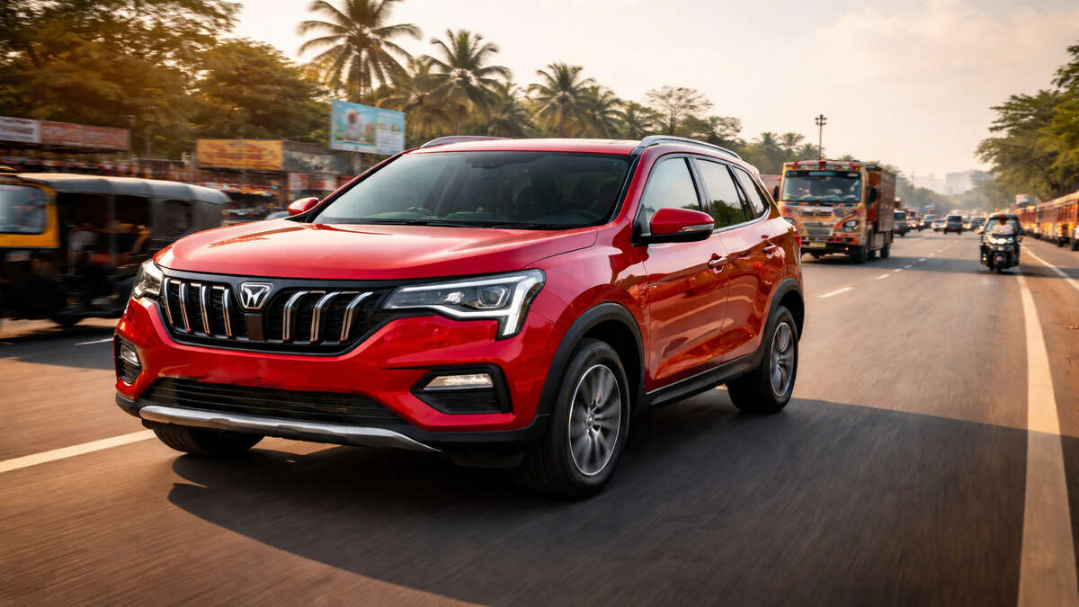 Red Mahindra XUV 7XO SUV on Indian road in natural daylight