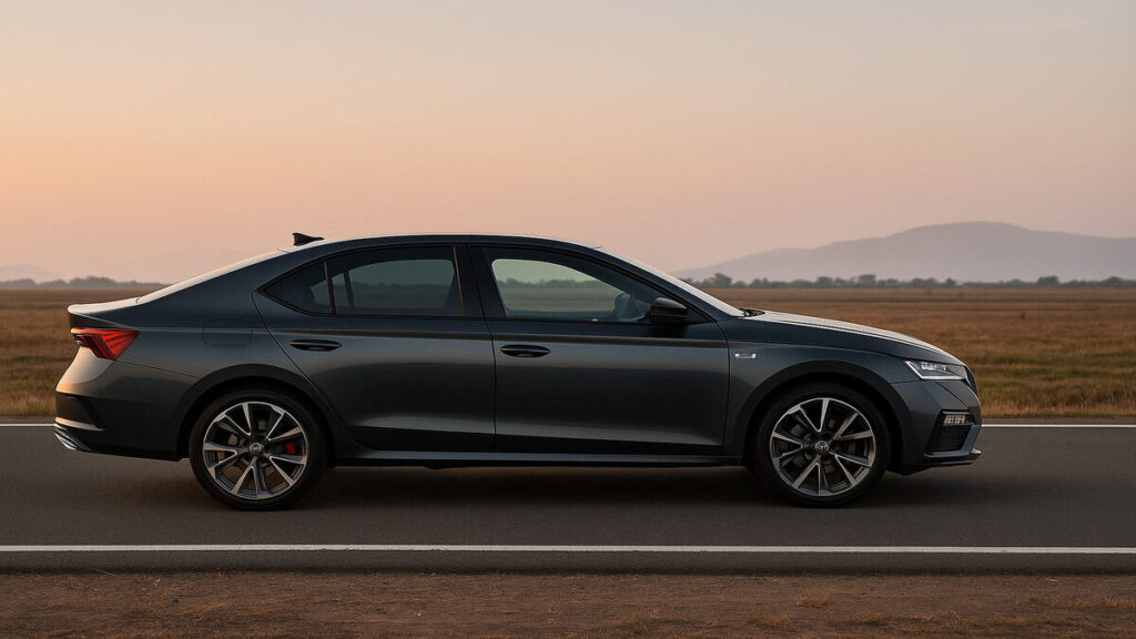 Side profile of Skoda Octavia RS in grey parked on an open road view.