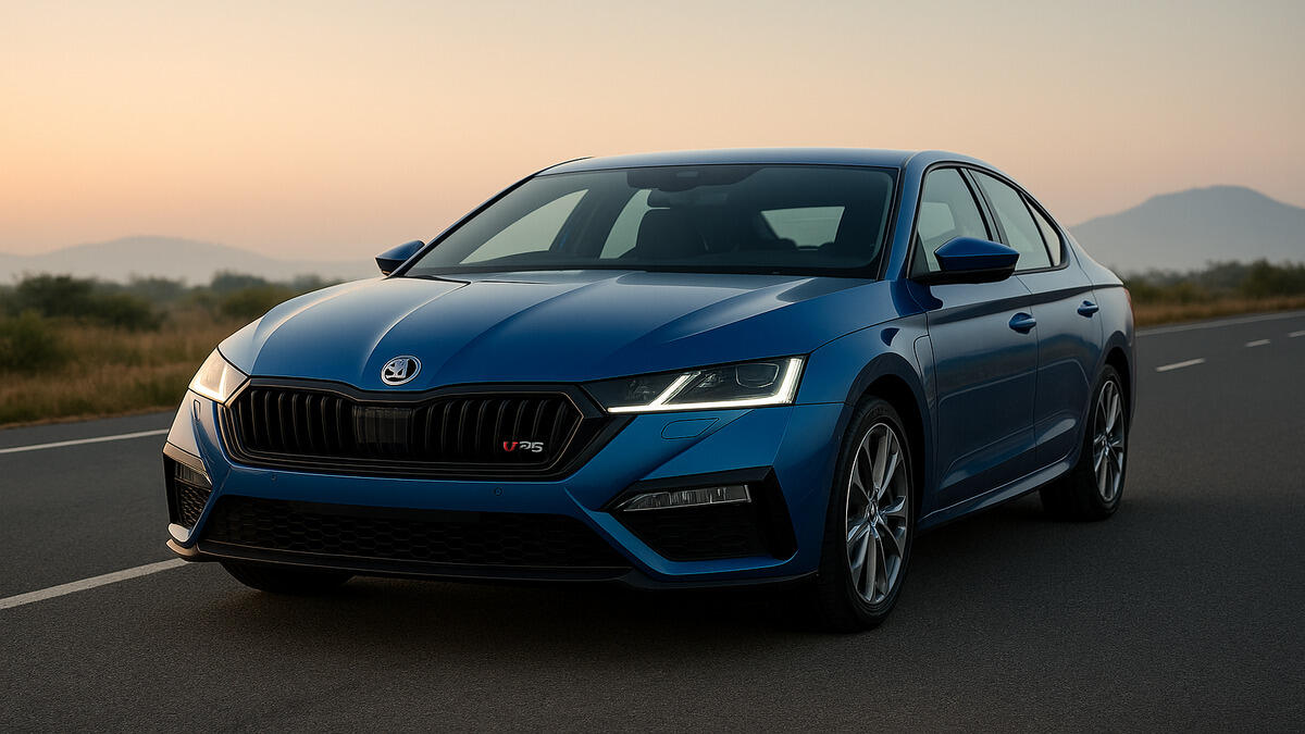Front view of Skoda Octavia RS in Race Blue parked on an open highway