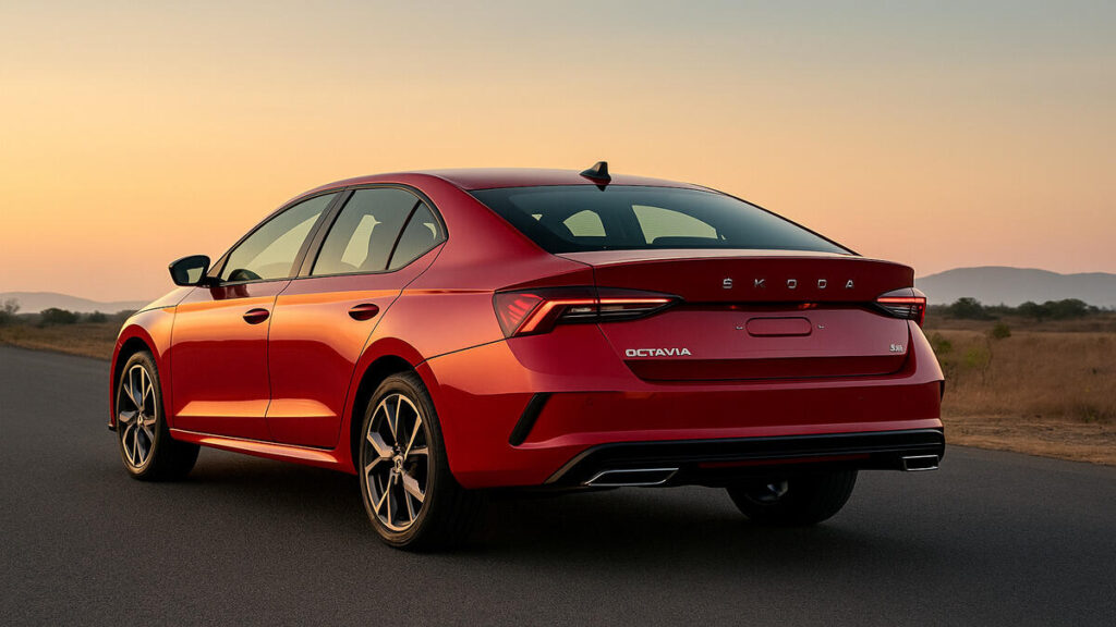 “Rear view of Skoda Octavia RS in red parked on an open road during sunset, 16:9 angle.”