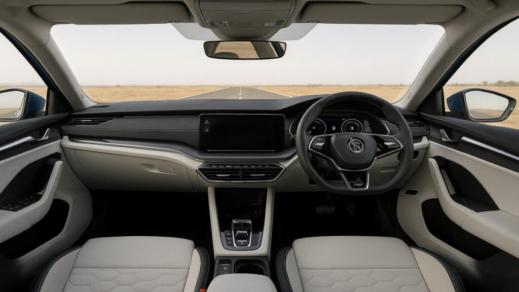 Skoda Octavia RS white interior with dashboard and steering view.