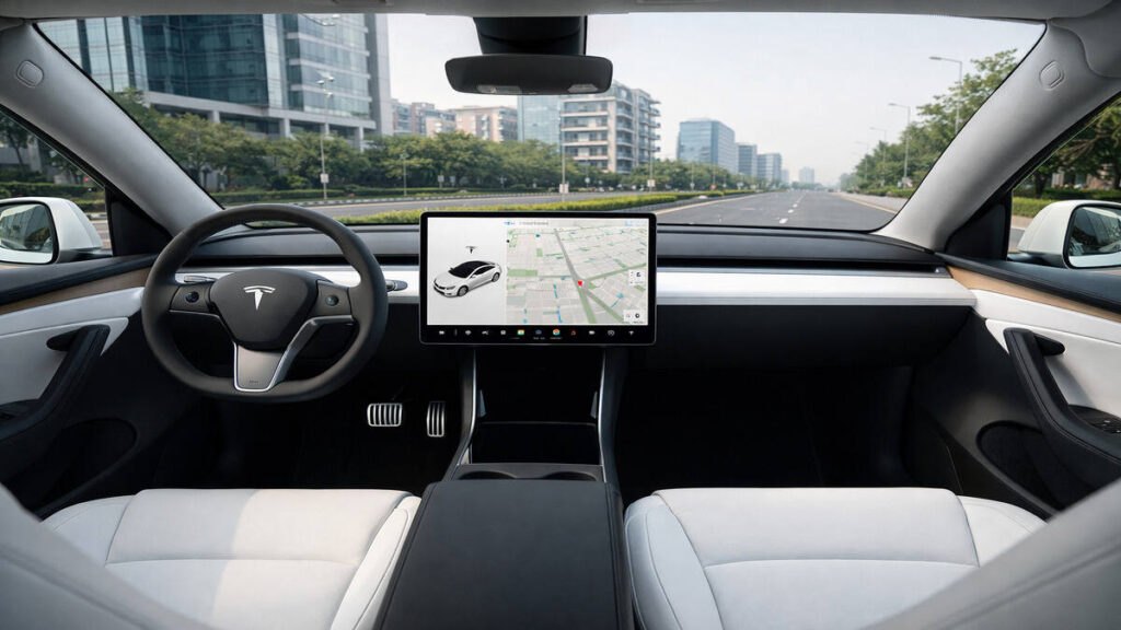 Tesla Model Y interior with touchscreen dashboard and white seats