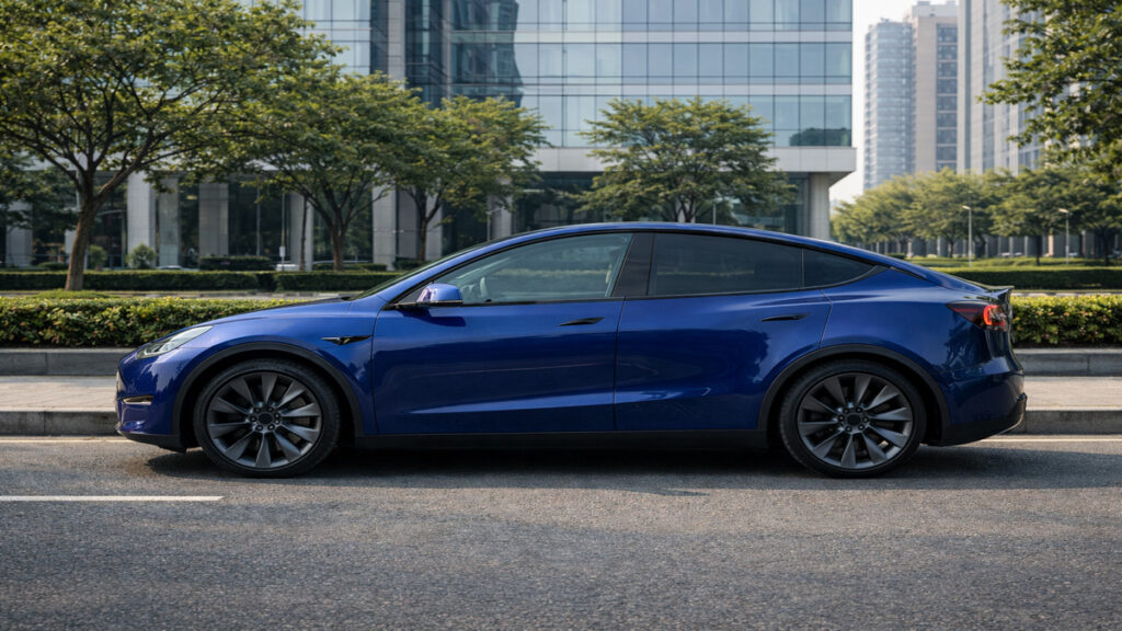 Metallic blue Tesla Model Y side profile on an Indian city road