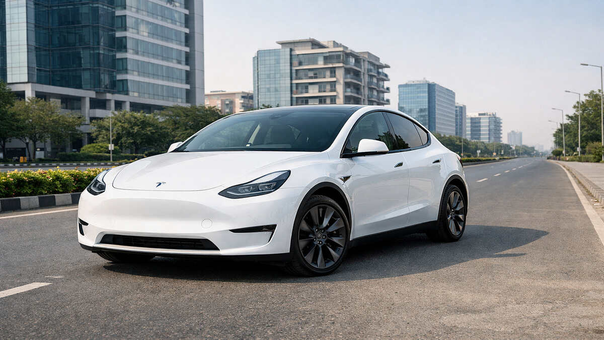 Tesla Model Y parked on a clean Indian city road in white color