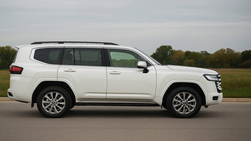 Pearl White Toyota Land Cruiser 300 side profile on open road.