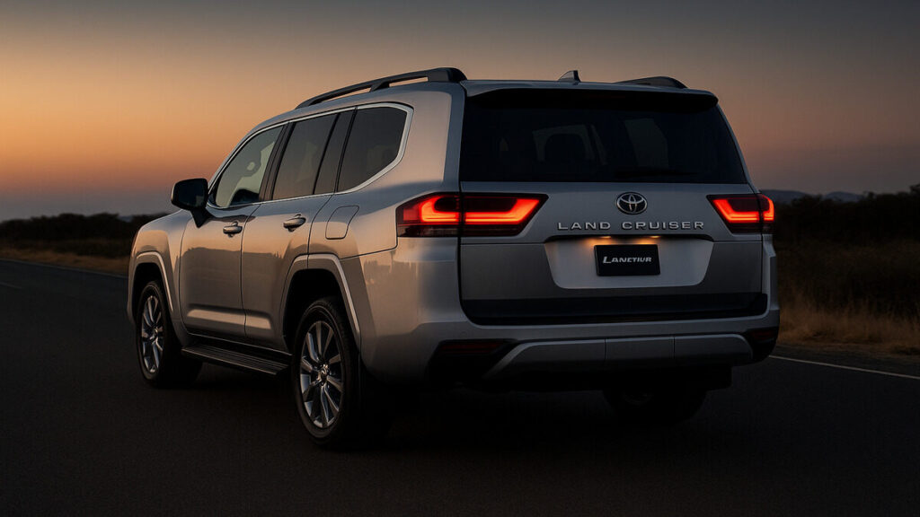 Silver Toyota Land Cruiser 300 rear view at sunset.