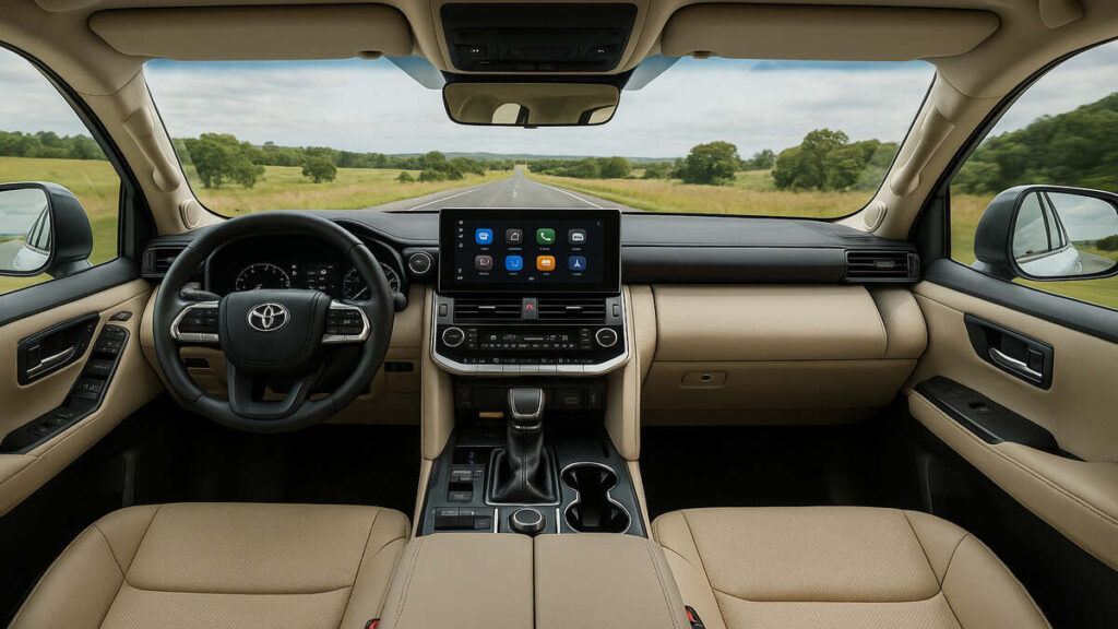Toyota Land Cruiser 300 white interior with touchscreen and steering.