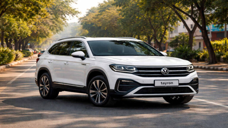Volkswagen Tayron front 3 quarter view in pure white on Indian road