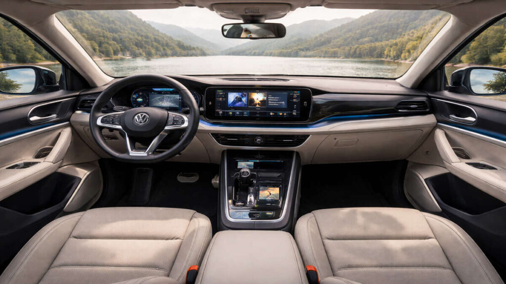 Volkswagen Tayron interior dashboard premium cabin with lake view