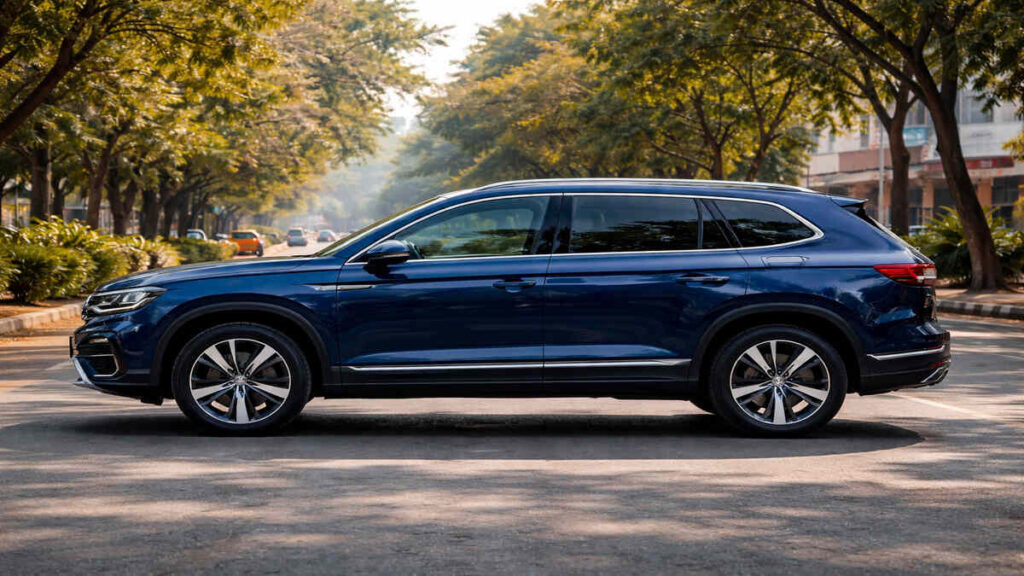 Volkswagen Tayron deep blue side profile on Indian road
