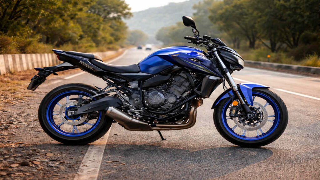 Yamaha MT-07 side profile in blue colour on an Indian highway