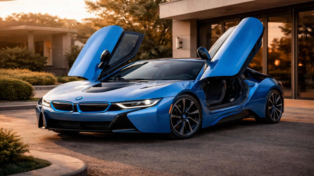 BMW i8 with butterfly doors open parked in a luxury driveway
