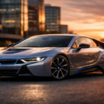 BMW i8 parked on a modern city road at sunset (front angle)