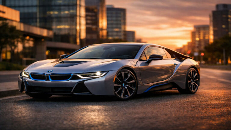 BMW i8 parked on a modern city road at sunset (front angle)