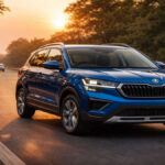 Skoda Kushaq Facelift 2026 Lava Blue on Indian highway road