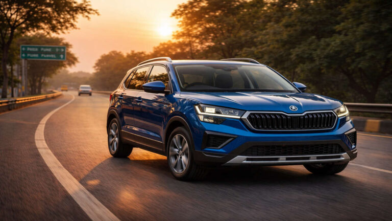 Skoda Kushaq Facelift 2026 Lava Blue on Indian highway road