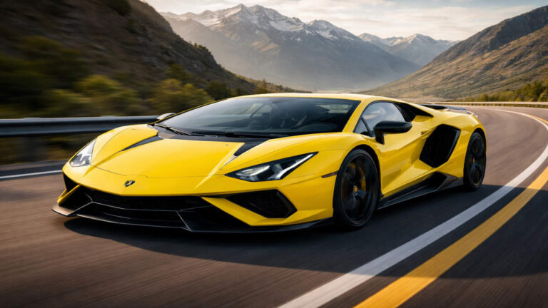Front three-quarter shot of Lamborghini Revuelto on mountain highway in bright yellow colour.