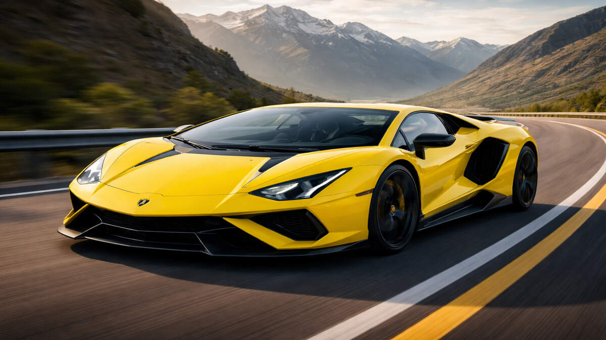 Front three-quarter shot of Lamborghini Revuelto on mountain highway in bright yellow colour.