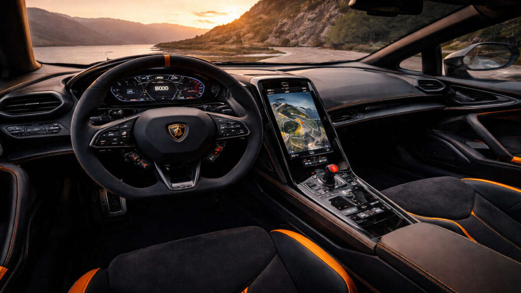 Interior cockpit view of Lamborghini Revuelto with black and orange theme near a mountain lake sunset.