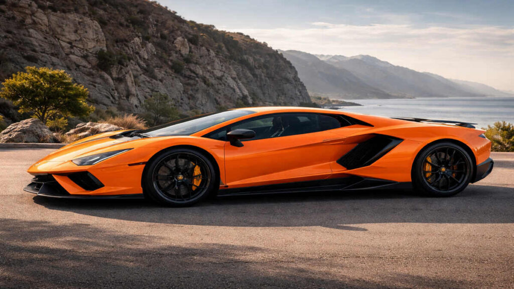 Side profile of Lamborghini Revuelto in bright orange colour parked near a coastal mountain road.