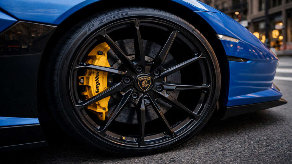 Close-up of Lamborghini Revuelto wheel and yellow brake caliper on a blue body in a city street location.