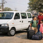 Maruti Suzuki Eeco with family and luggage in small town.