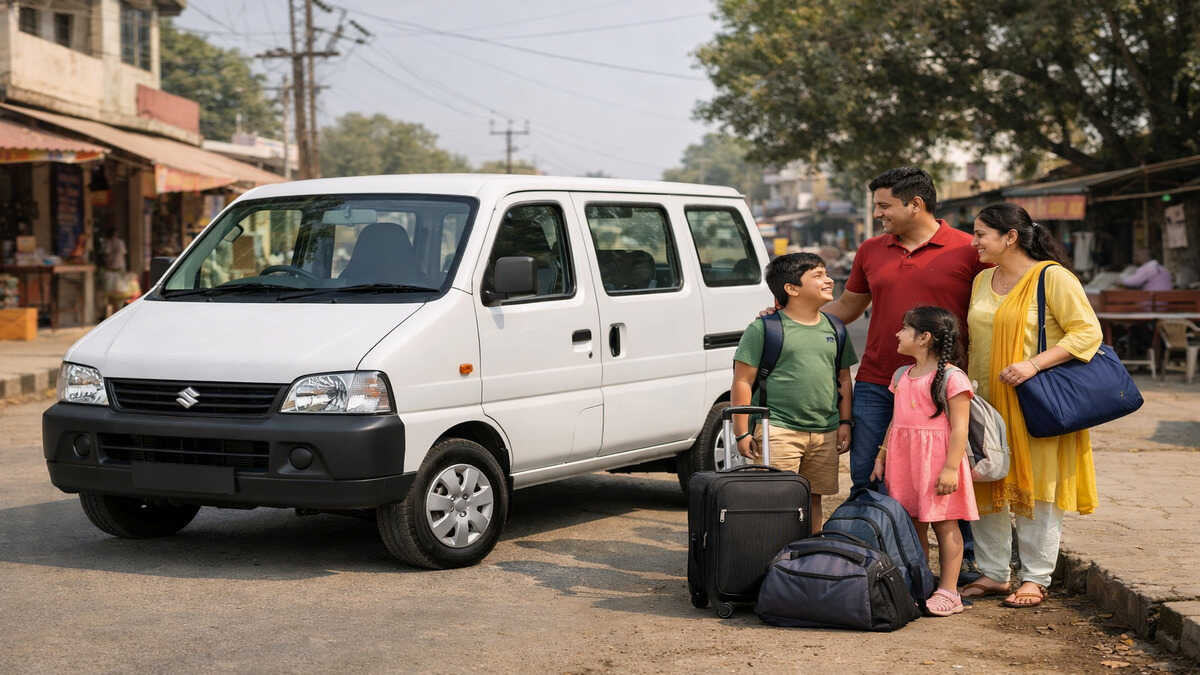 Maruti Suzuki Eeco with family and luggage in small town.