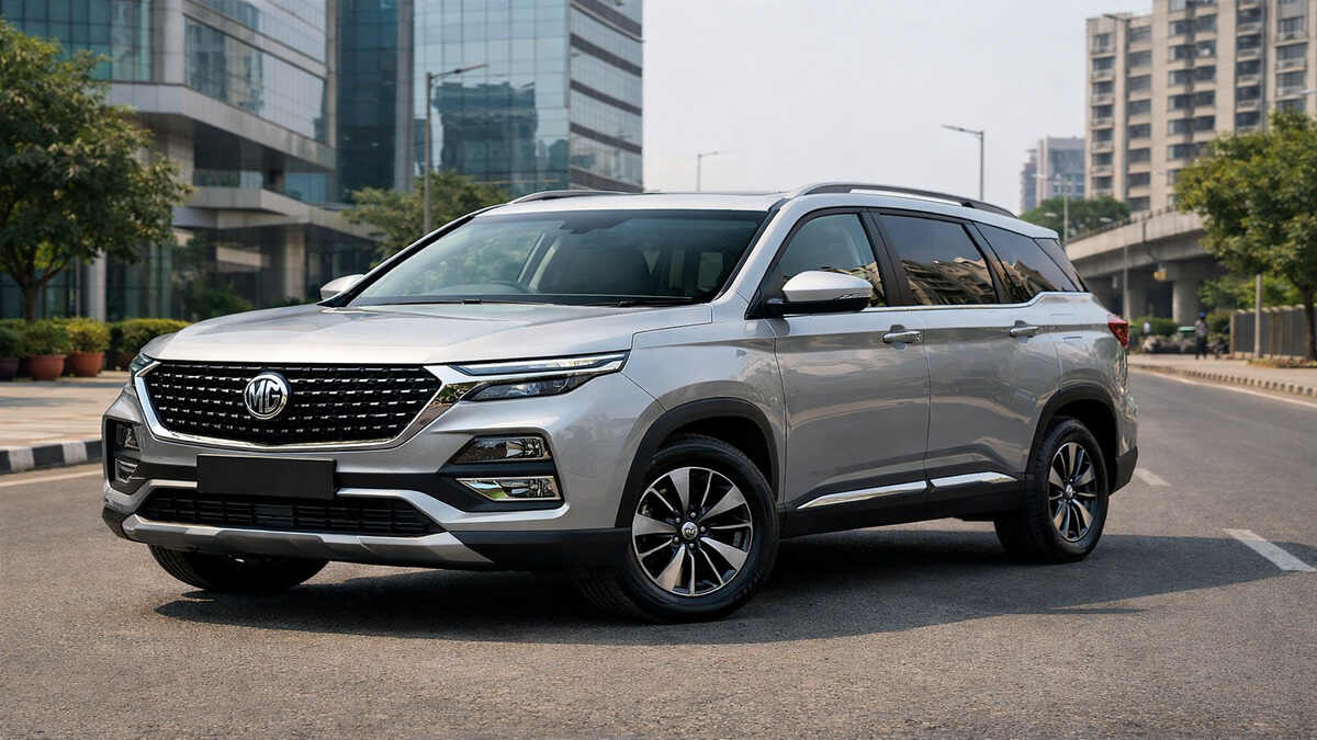 MG Hector Plus SUV parked on Indian city road in daylight