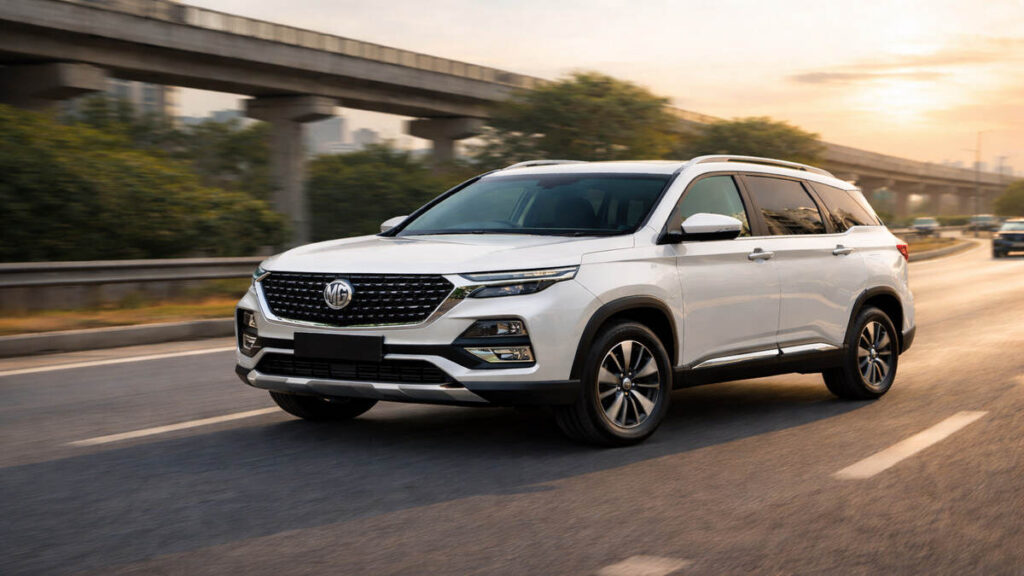 MG Hector Plus Pearl White touring on Indian highway