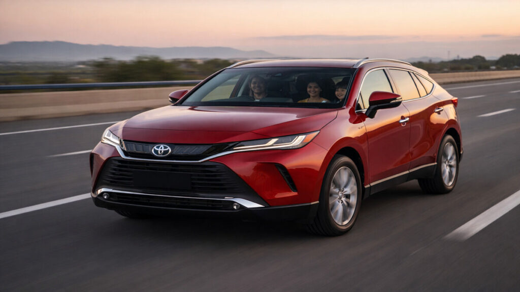 Red Toyota Venza hybrid SUV driving on an open highway with family inside during calm evening light and natural motion blur.